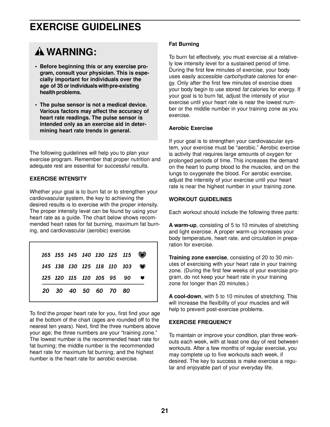 NordicTrack NTC59020 user manual Exercise Guidelines, Exercise Intensity, Workout Guidelines, Exercise Frequency 