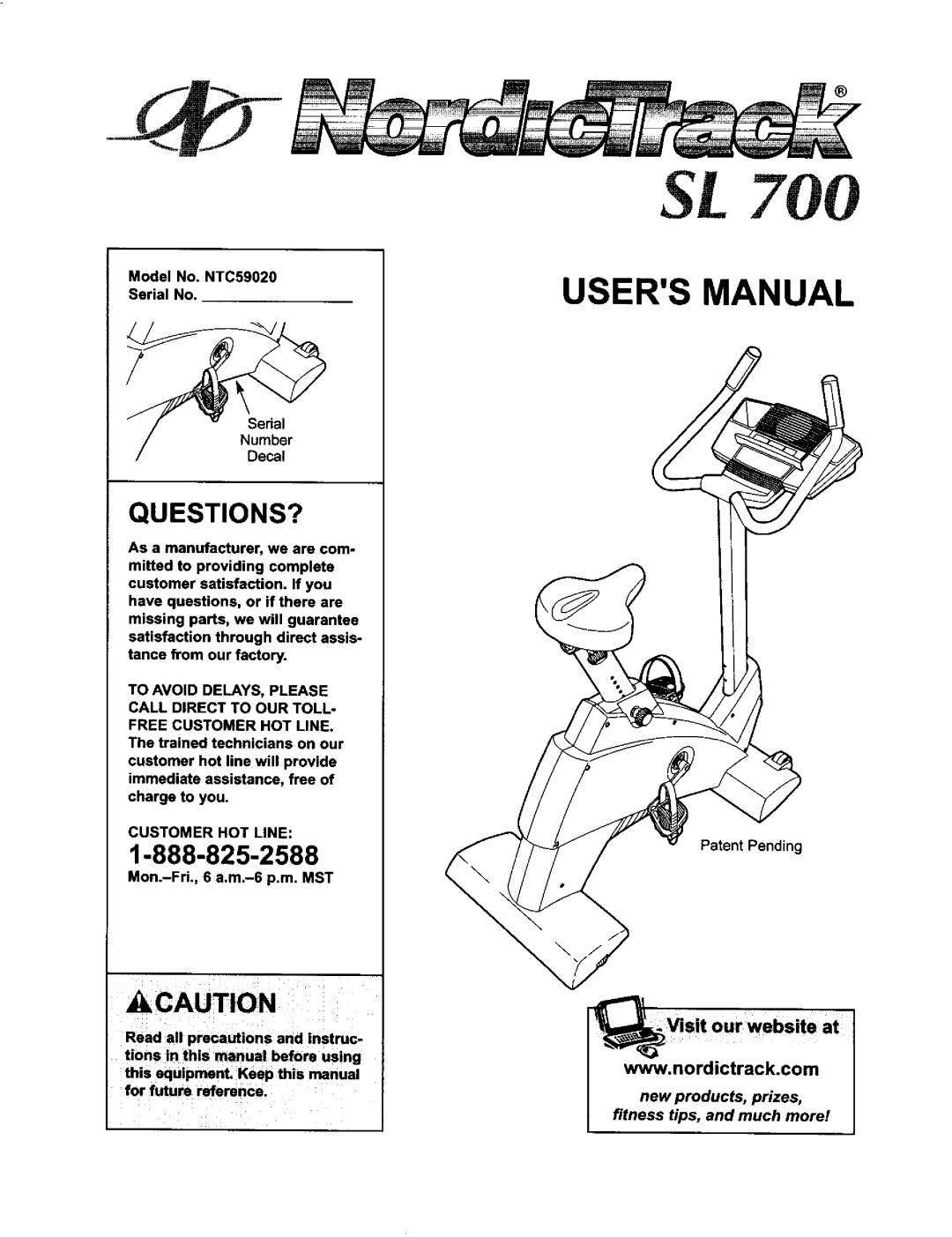 NordicTrack user manual Questions?, Model No. NTC59020 Serial No, Number, Customer HOT Line 