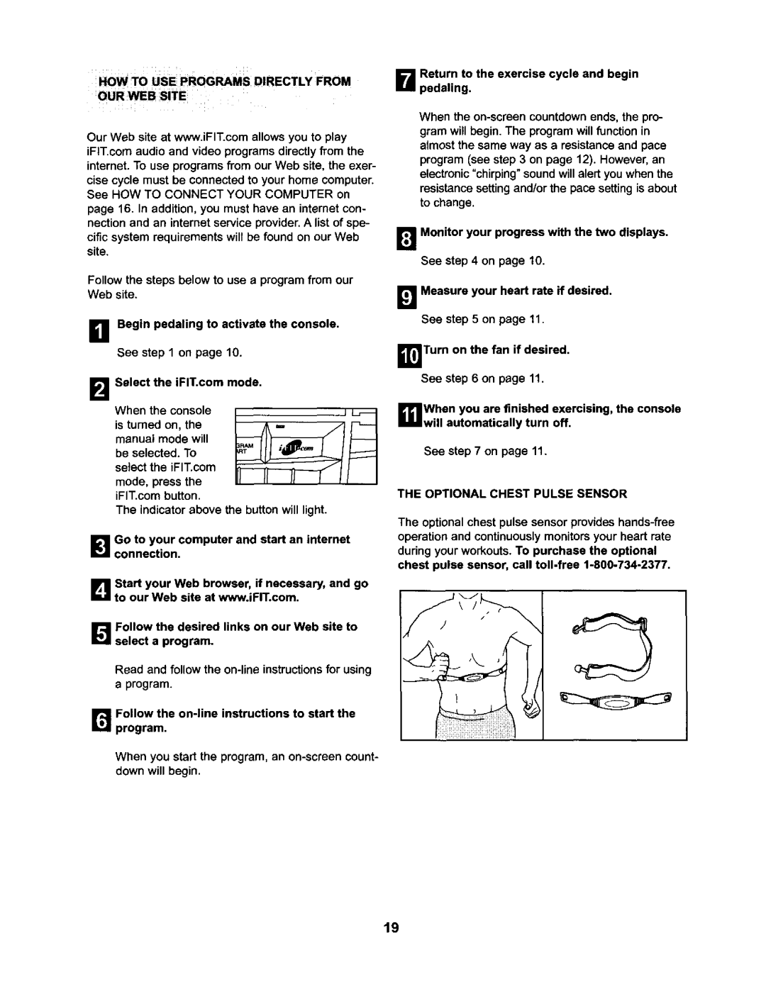 NordicTrack NTC59020 Ourb Site, Follow the on-line instructions to start the program, Optional Chest Pulse Sensor 