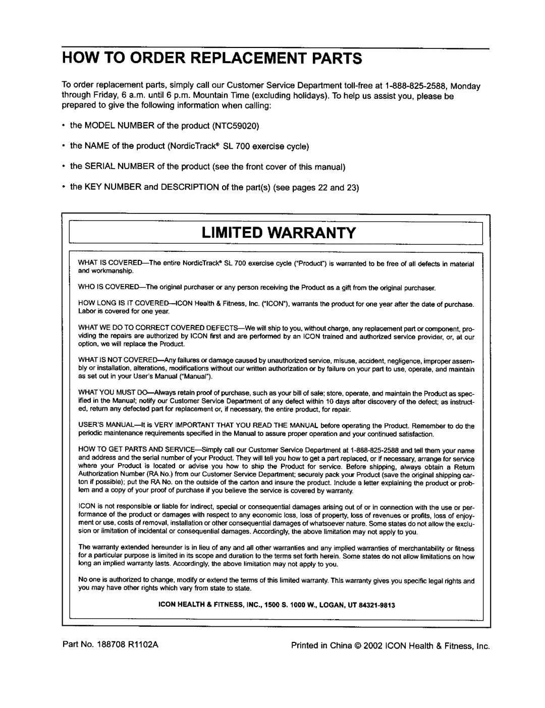 NordicTrack NTC59020 user manual HOW to Order Replacement Parts, Limited Warranty 