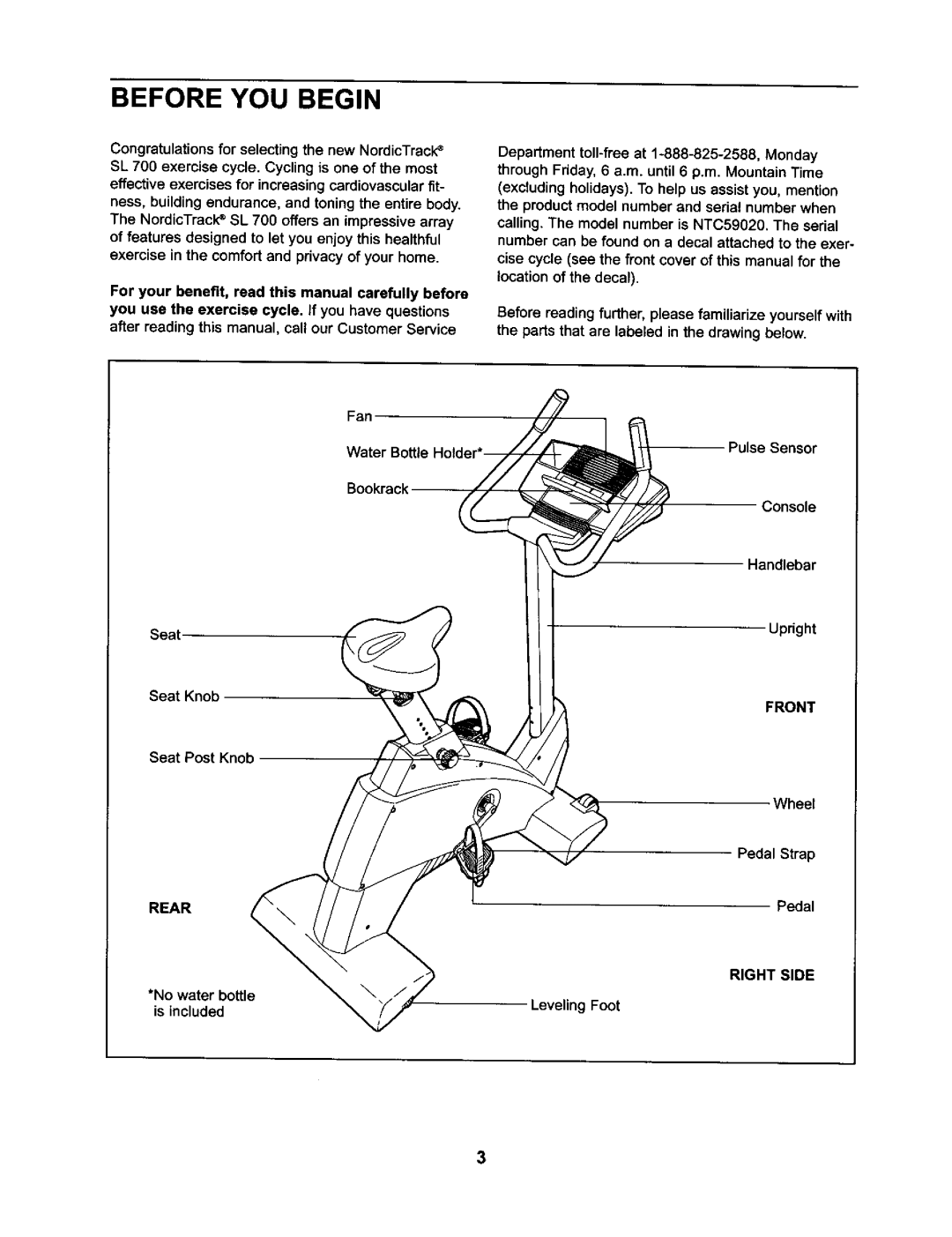 NordicTrack NTC59020 user manual Before YOU Begin, Rear, Front, Right Side 