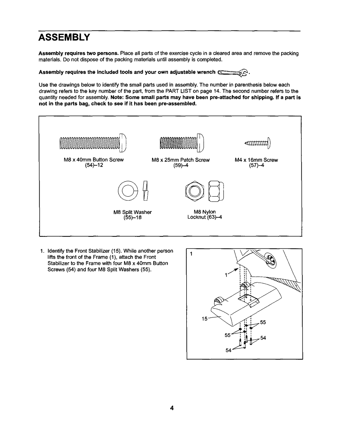 NordicTrack NTC59020 user manual Assembly, M4 x 16mm Screw, 59-4 57-4 M8 SplitWasher M8 Nylon 55-18 Locknut 