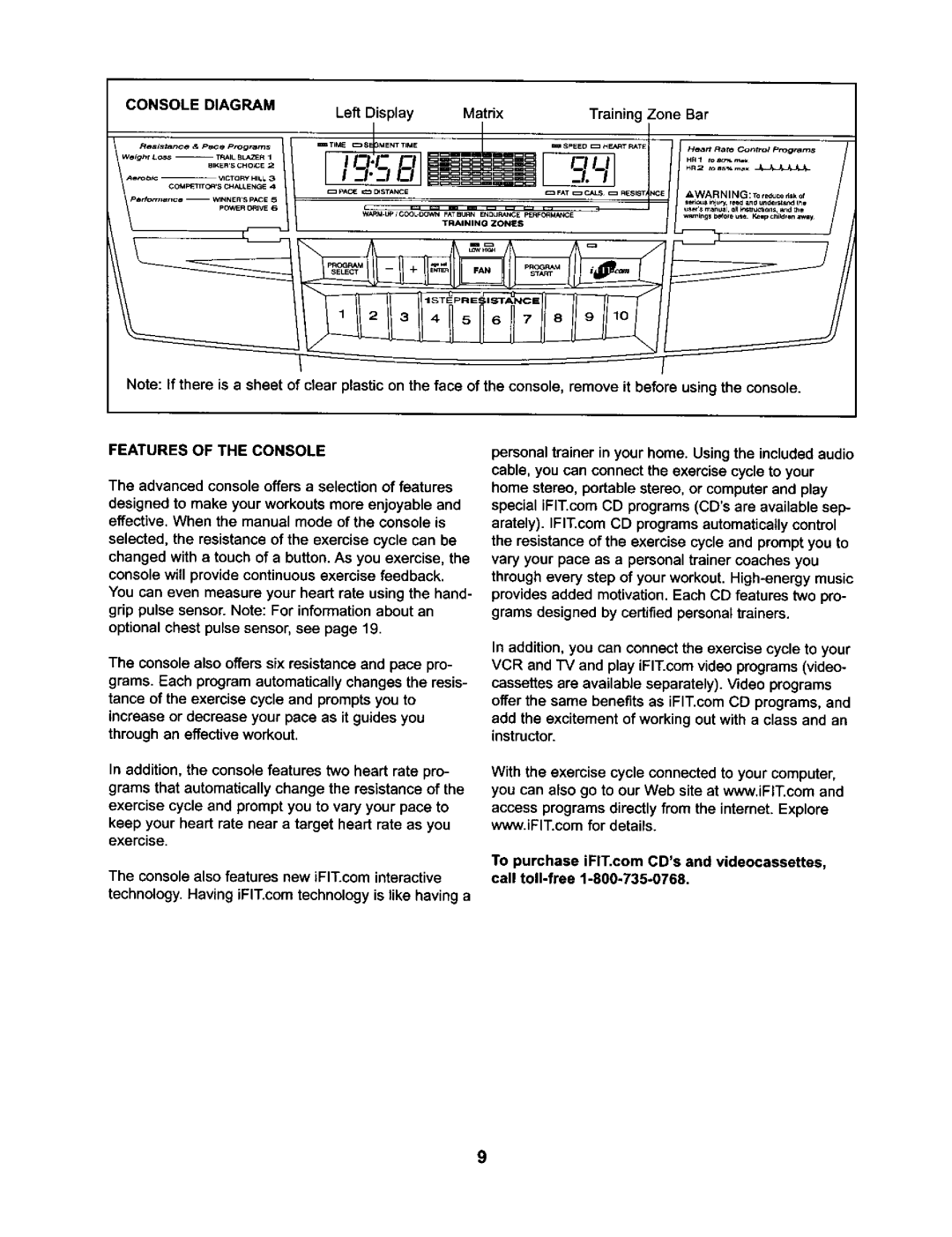 NordicTrack NTC59020 user manual Console Diagram, Matrix Training Zone Bar Left Display, Features of the Console 