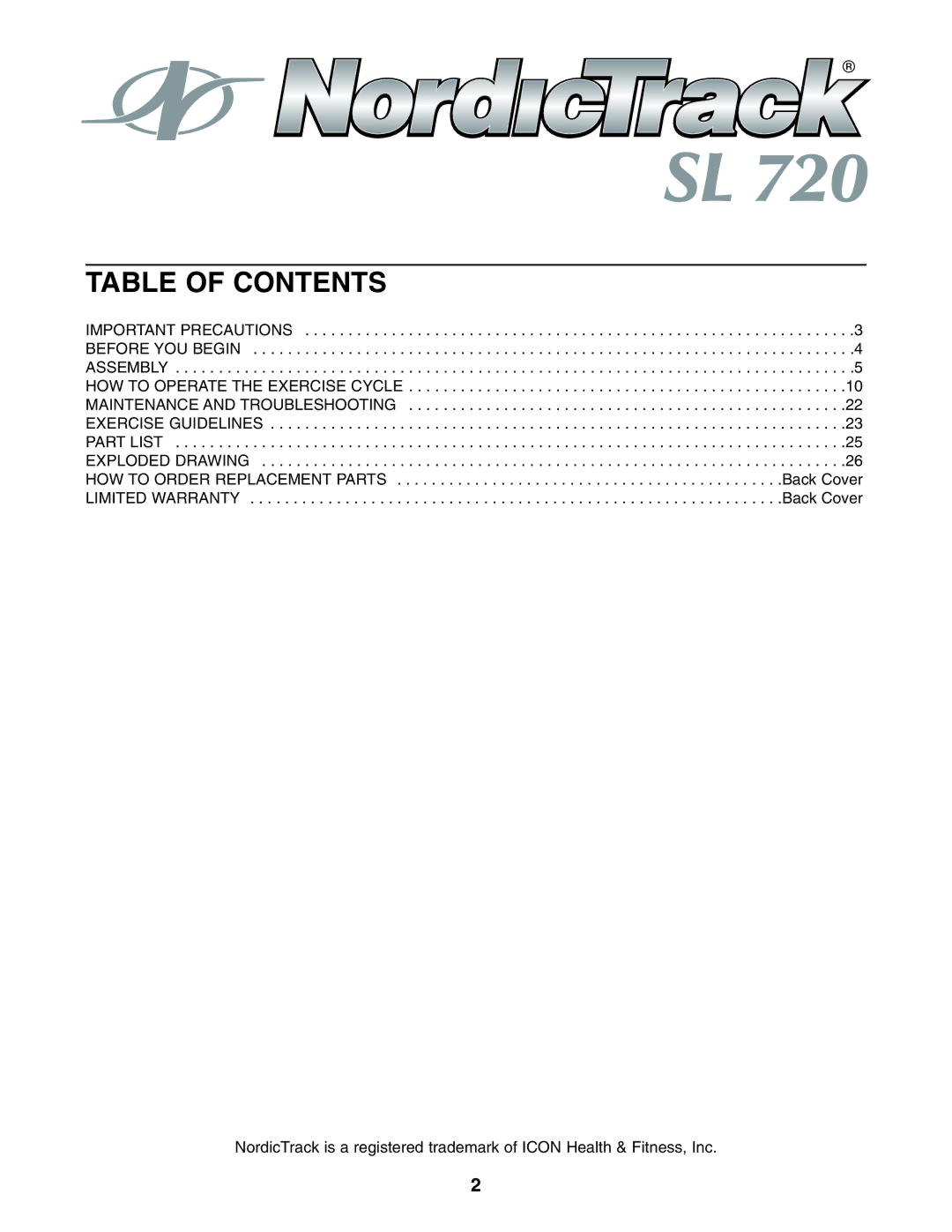 NordicTrack NTC69020 user manual Table of Contents 