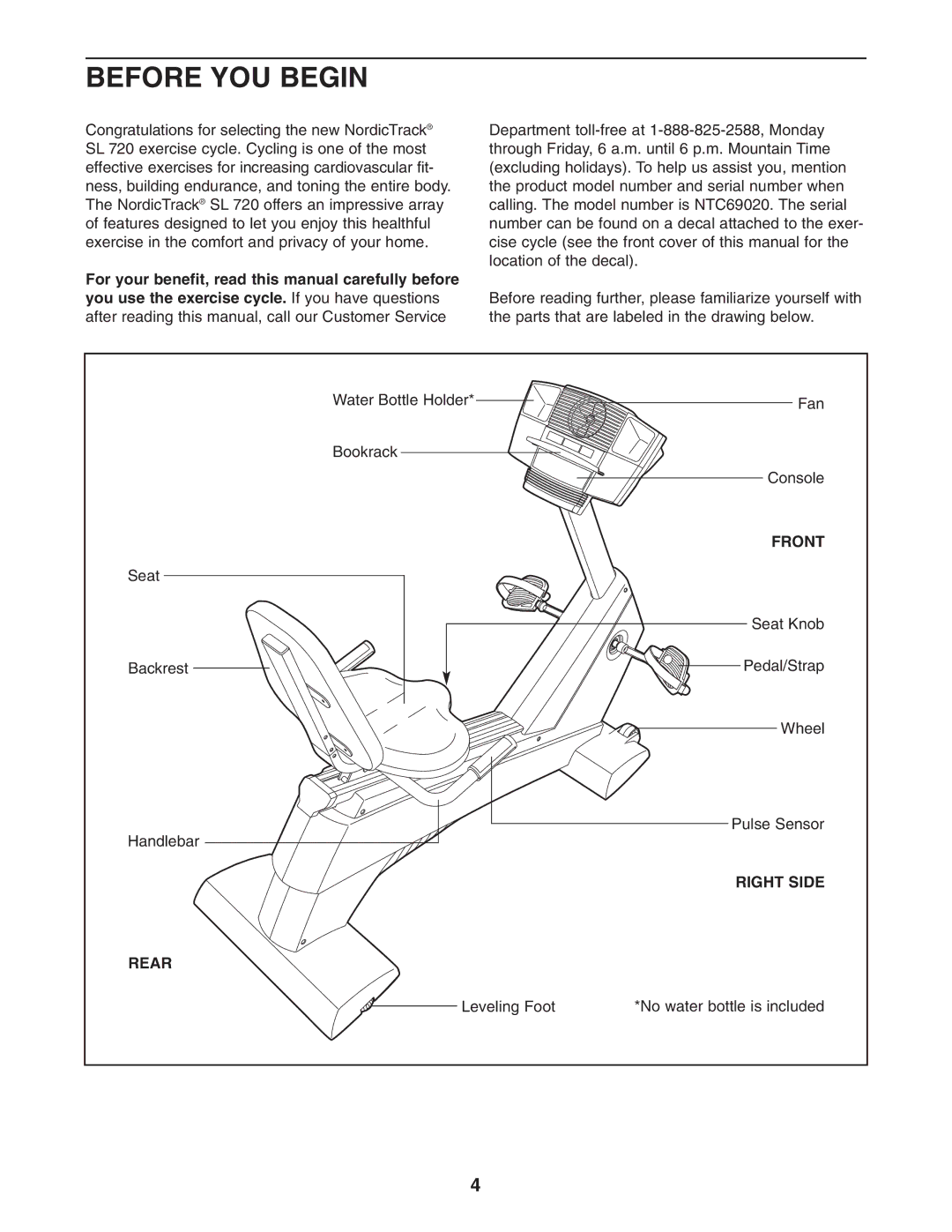 NordicTrack NTC69020 user manual Before YOU Begin, Front, Right Side, Rear 