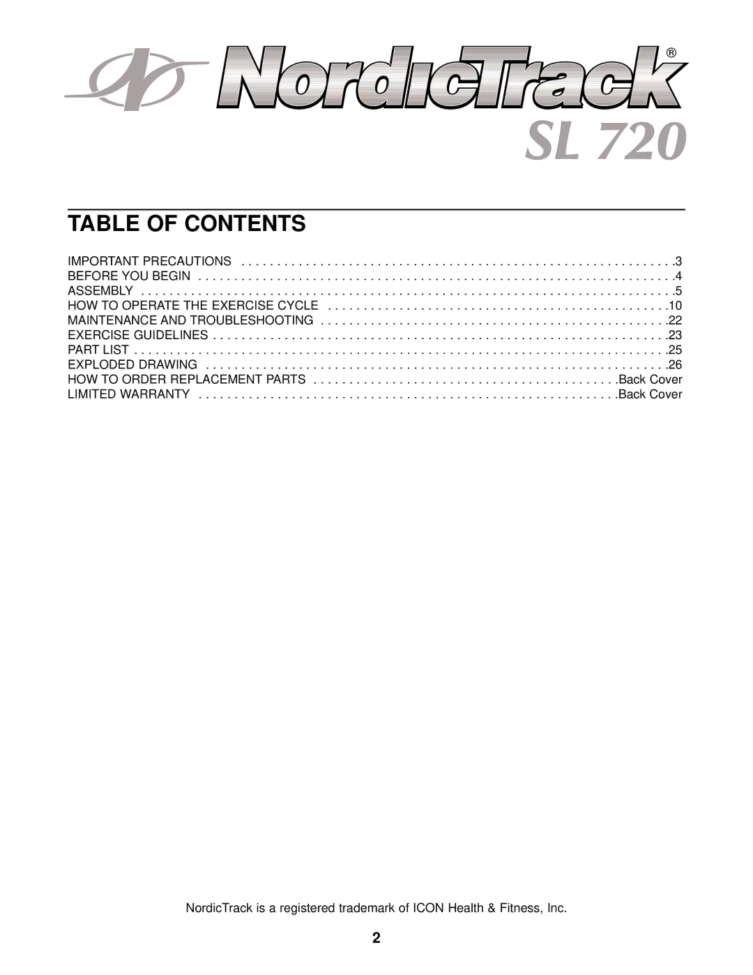 NordicTrack NTC69022 user manual Table of Contents 