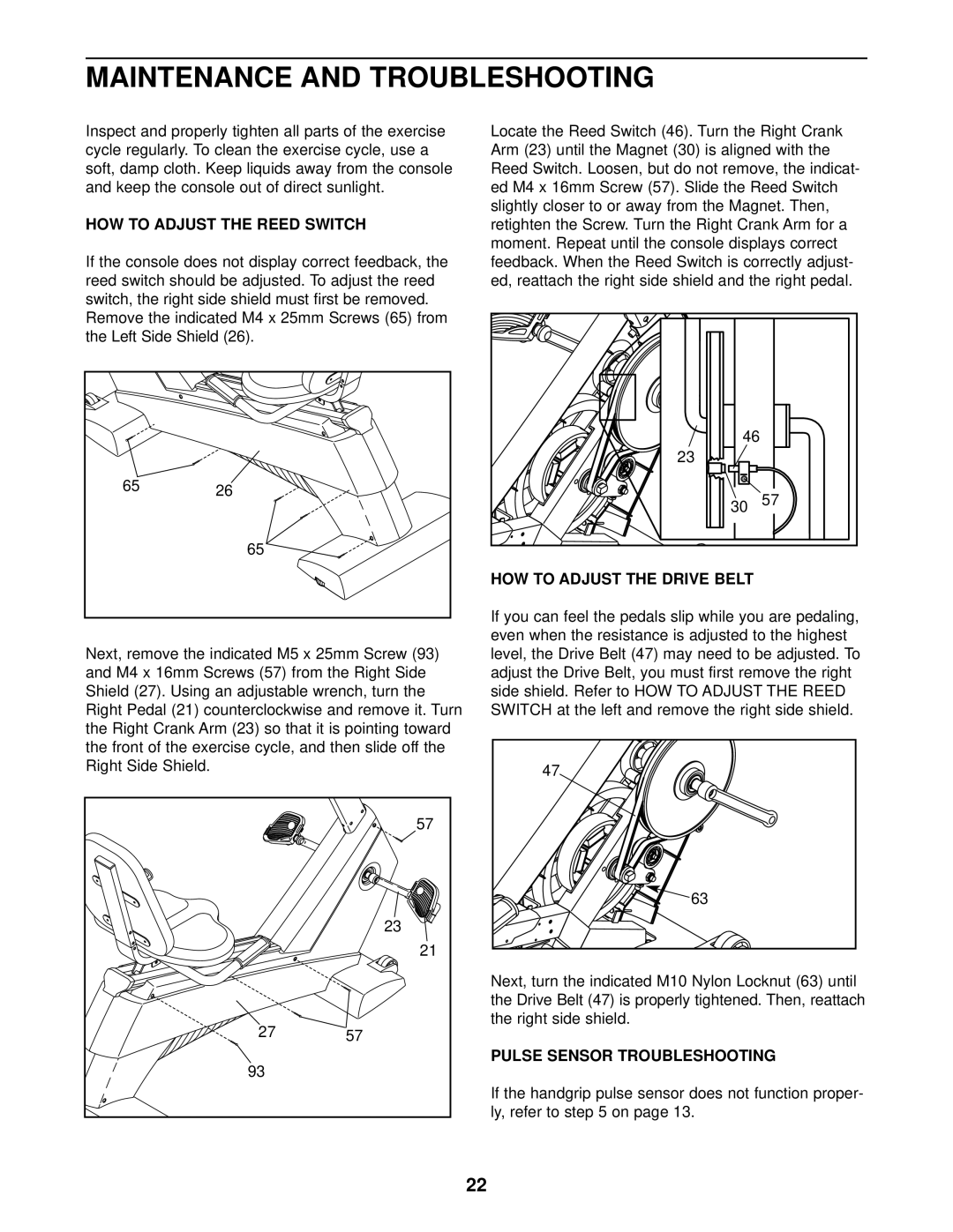 NordicTrack NTC69023 user manual HOW to Adjust the Reed Switch, HOW to Adjust the Drive Belt, Pulse Sensor Troubleshooting 