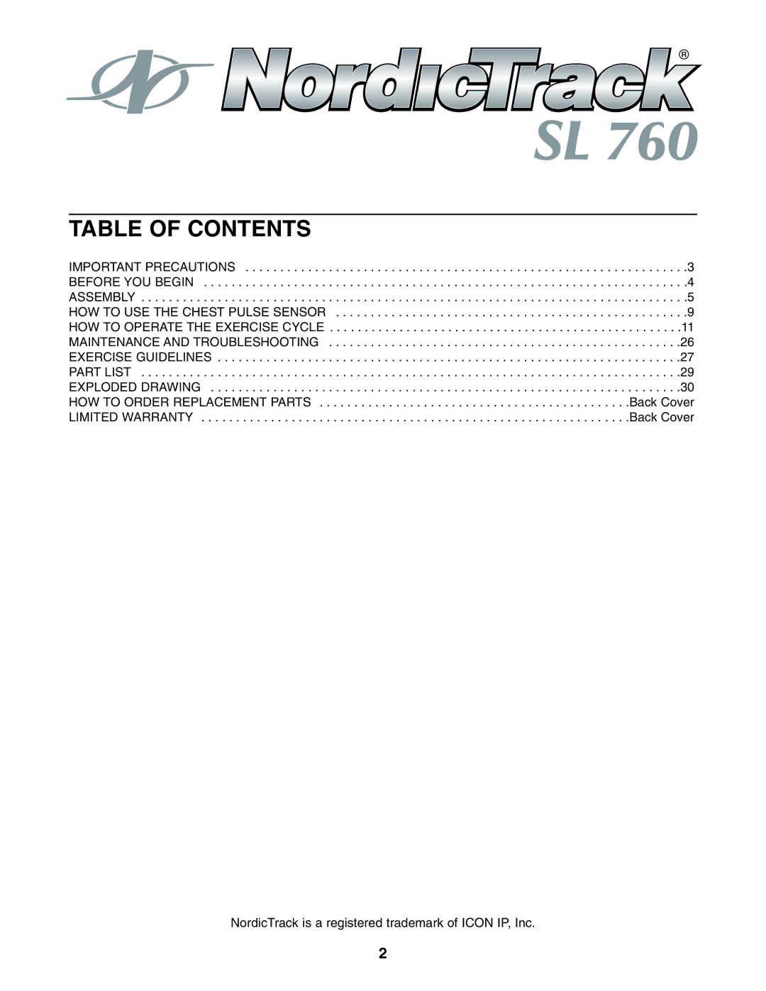 NordicTrack NTC89021 user manual Table of Contents 