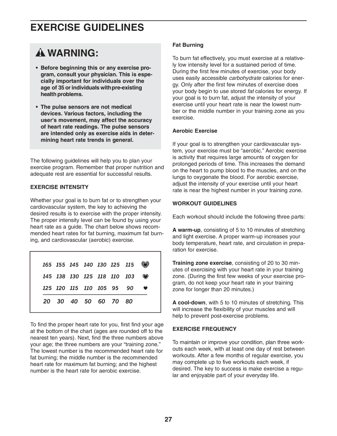 NordicTrack NTC89021 user manual Exercise Guidelines, Exercise Intensity, Workout Guidelines, Exercise Frequency 