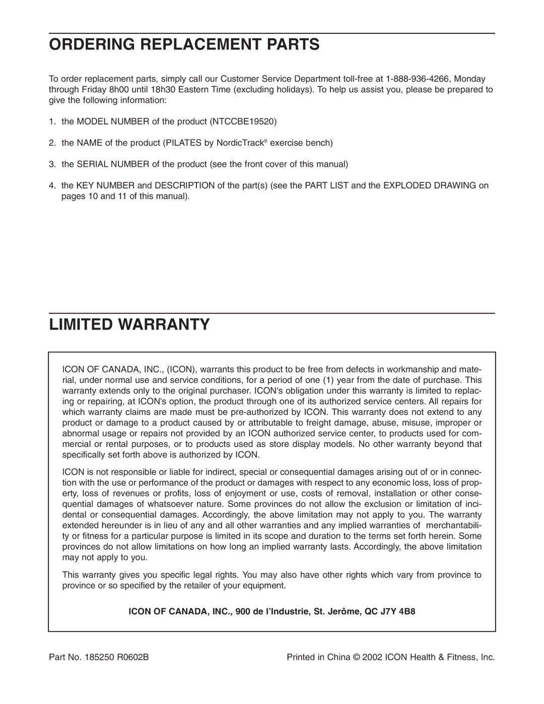 NordicTrack NTCCBE19520 user manual Ordering Replacement Parts, Limited Warranty 