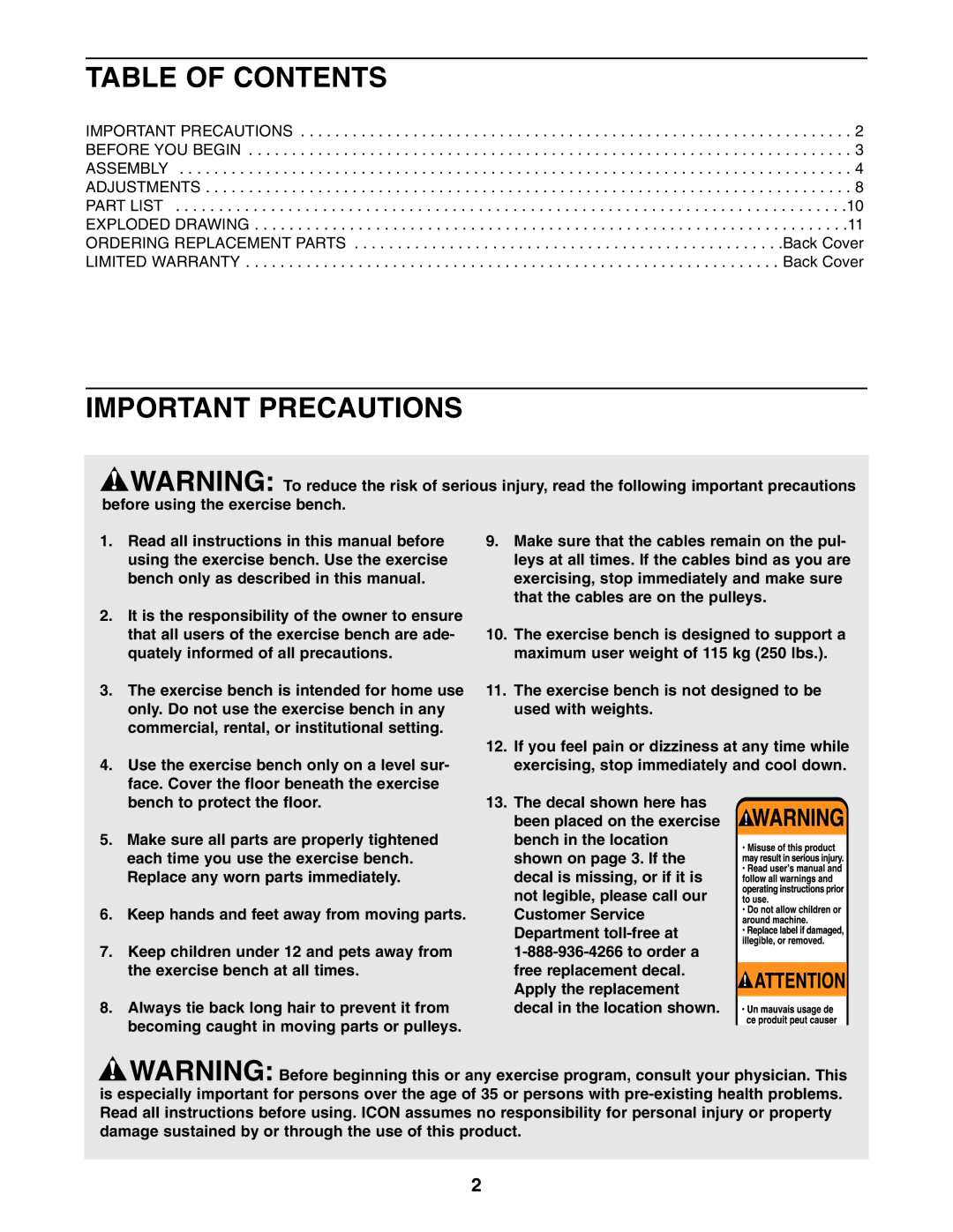 NordicTrack NTCCBE19520 user manual Table of Contents, Important Precautions 