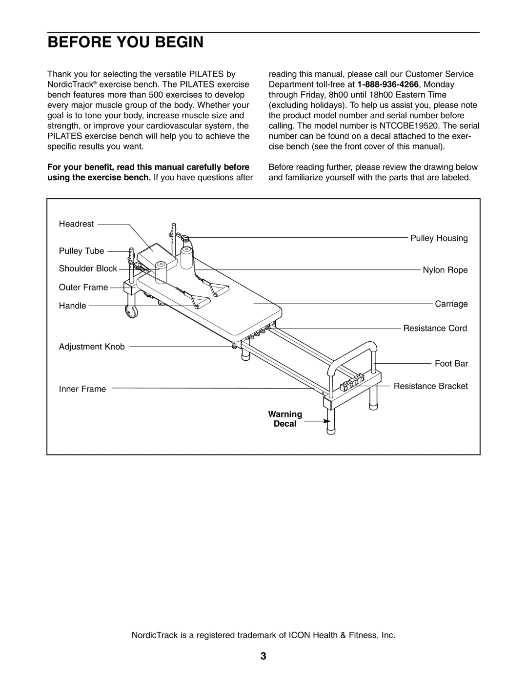 NordicTrack NTCCBE19520 user manual Before YOU Begin, Decal 