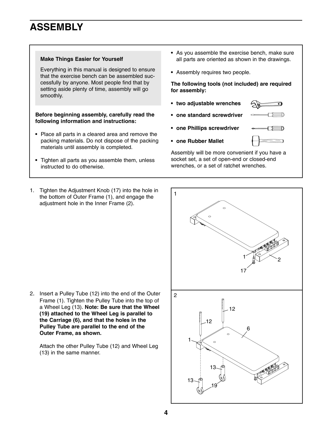 NordicTrack NTCCBE19520 user manual Assembly, Make Things Easier for Yourself 