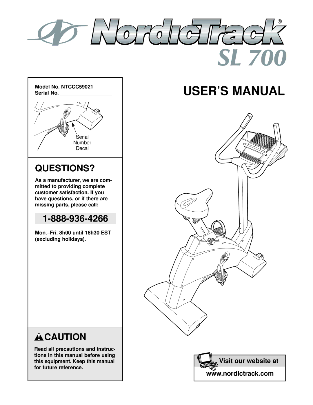 NordicTrack user manual Questions?, Model No. NTCCC59021 Serial No 