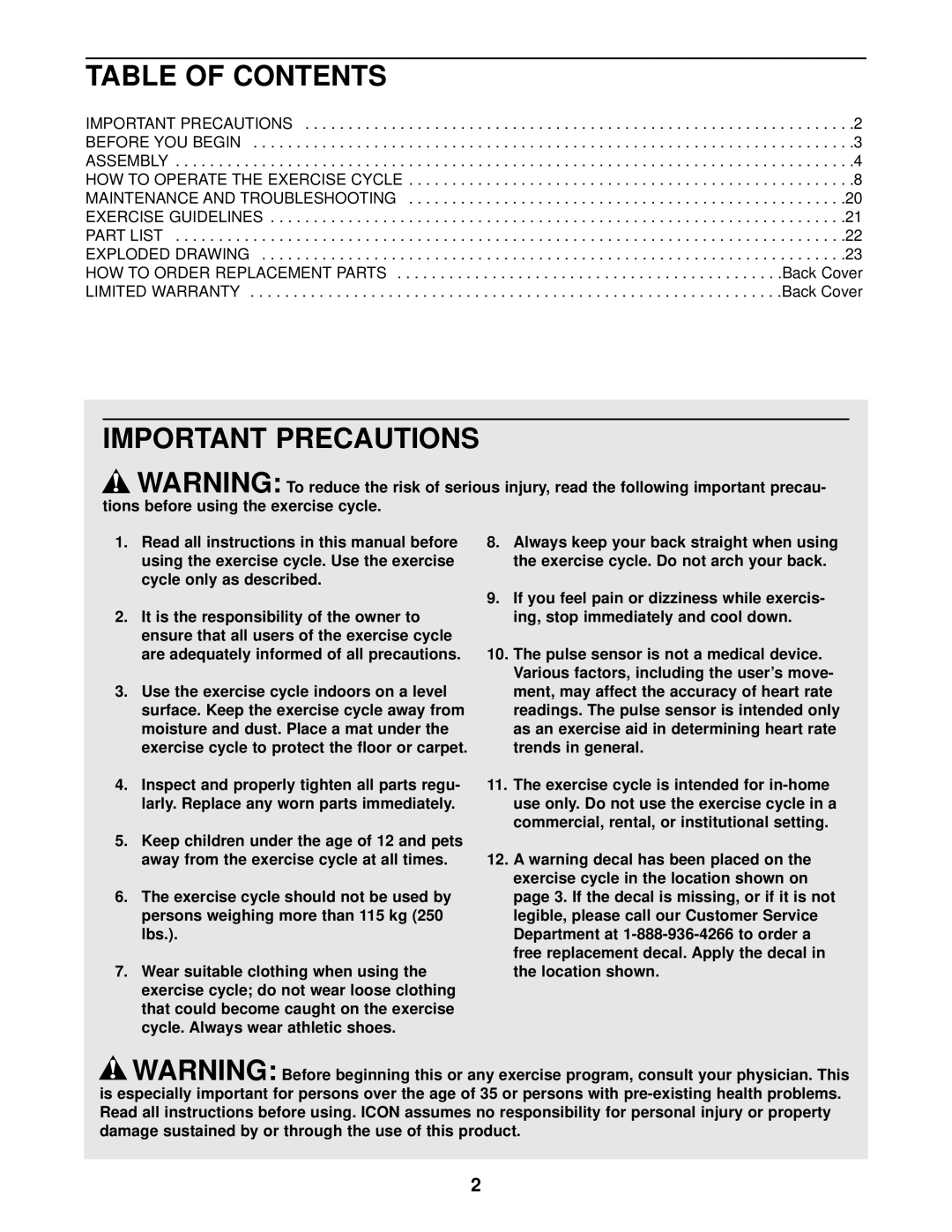 NordicTrack NTCCC59021 user manual Table of Contents, Important Precautions 