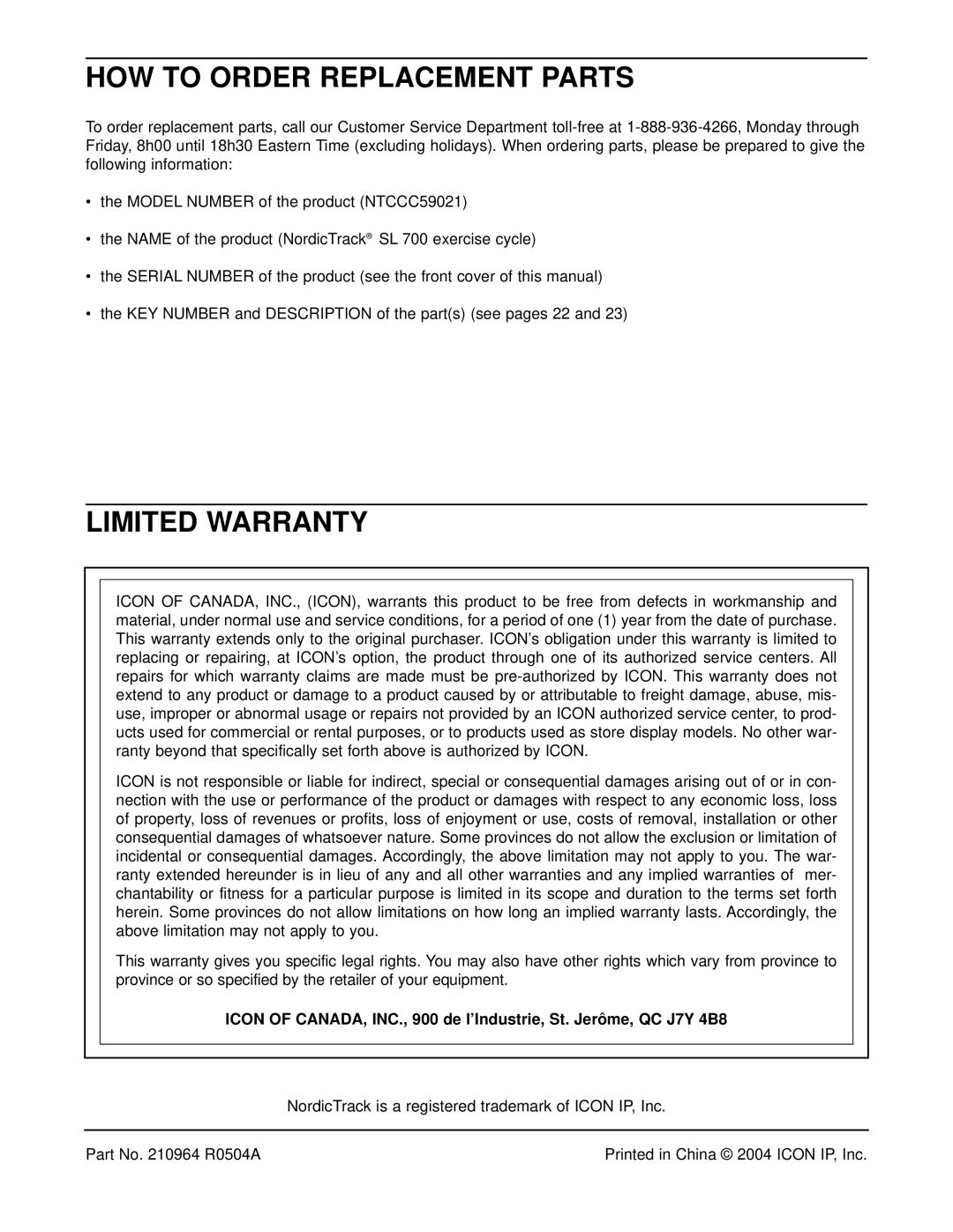 NordicTrack NTCCC59021 user manual HOW to Order Replacement Parts, Limited Warranty 