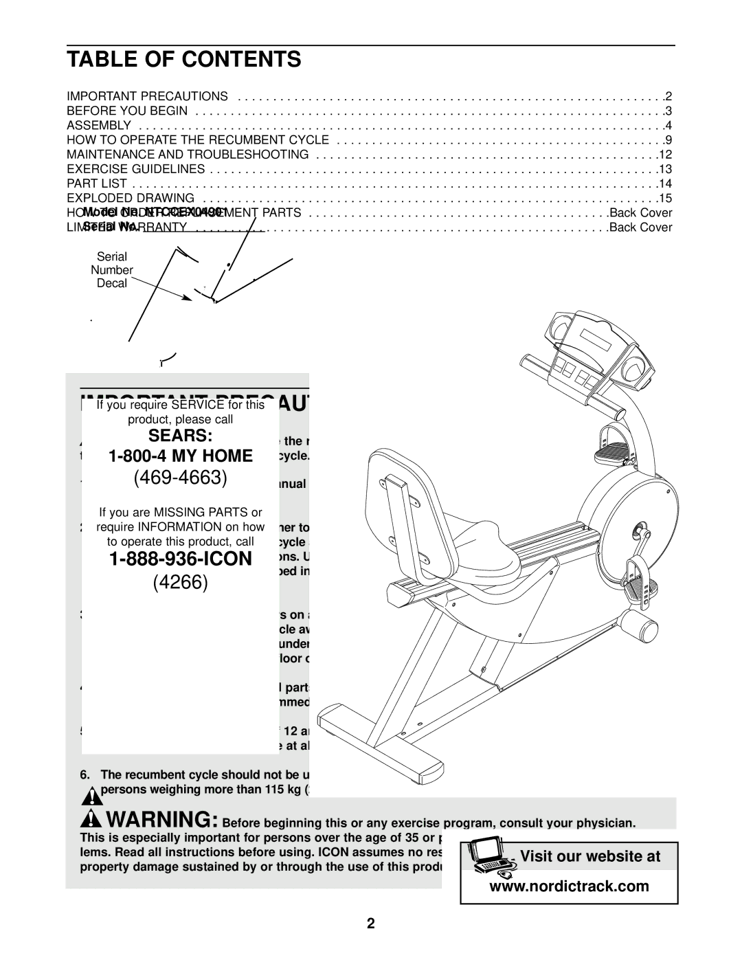 NordicTrack NTCCEX04901 user manual Table of Contents, Important Precautions 