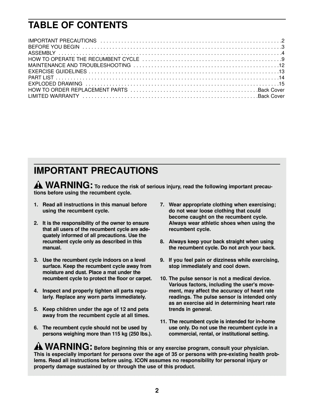 NordicTrack NTCCEX04902 user manual Table of Contents, Important Precautions 