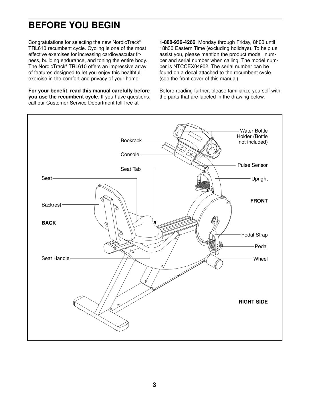 NordicTrack NTCCEX04902 user manual Before YOU Begin, Front, Back, Right Side 