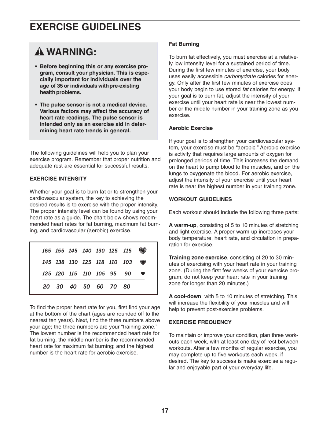 NordicTrack NTCCM58020 user manual Exercise Guidelines, Exercise Intensity, Workout Guidelines, Exercise Frequency 