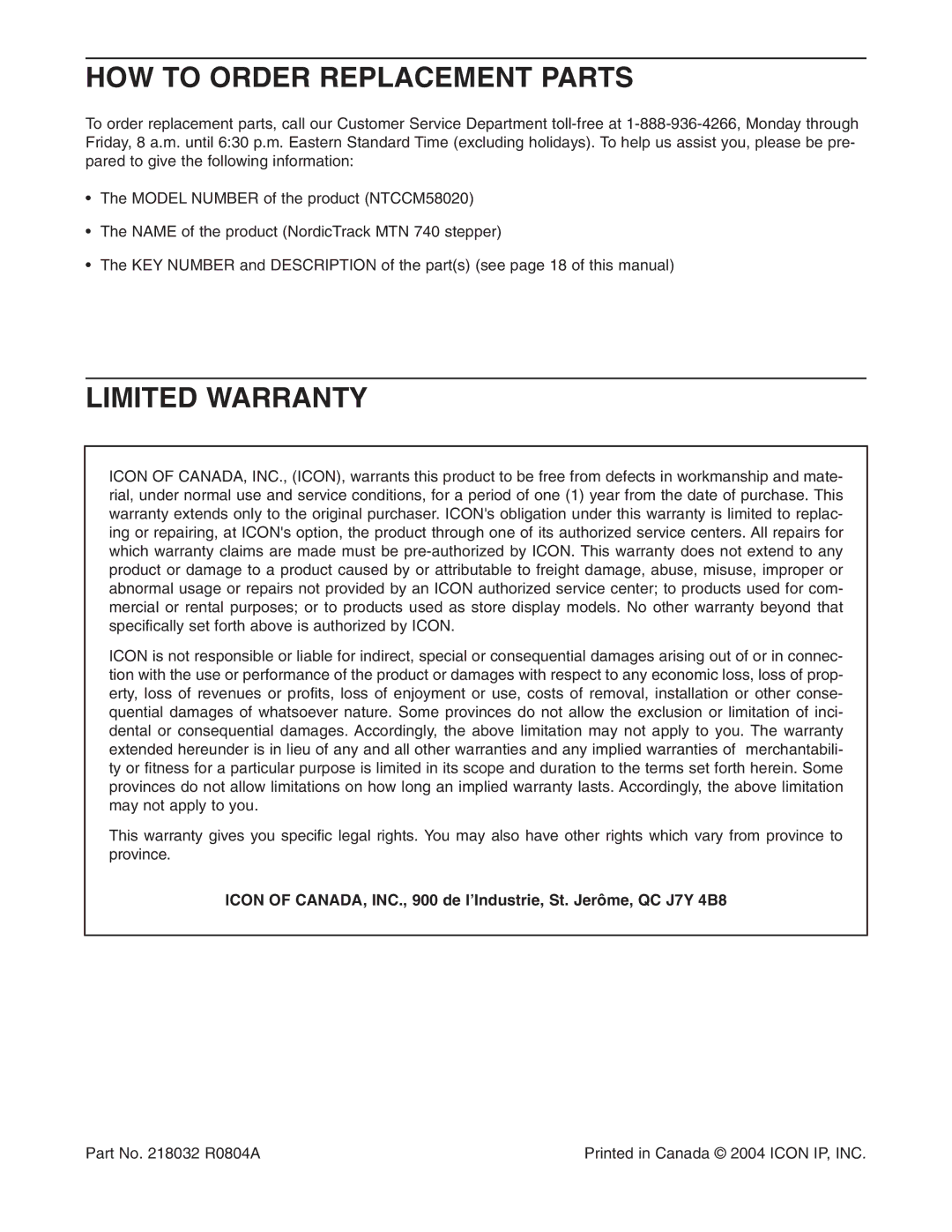 NordicTrack NTCCM58020 user manual HOW to Order Replacement Parts, Limited Warranty 