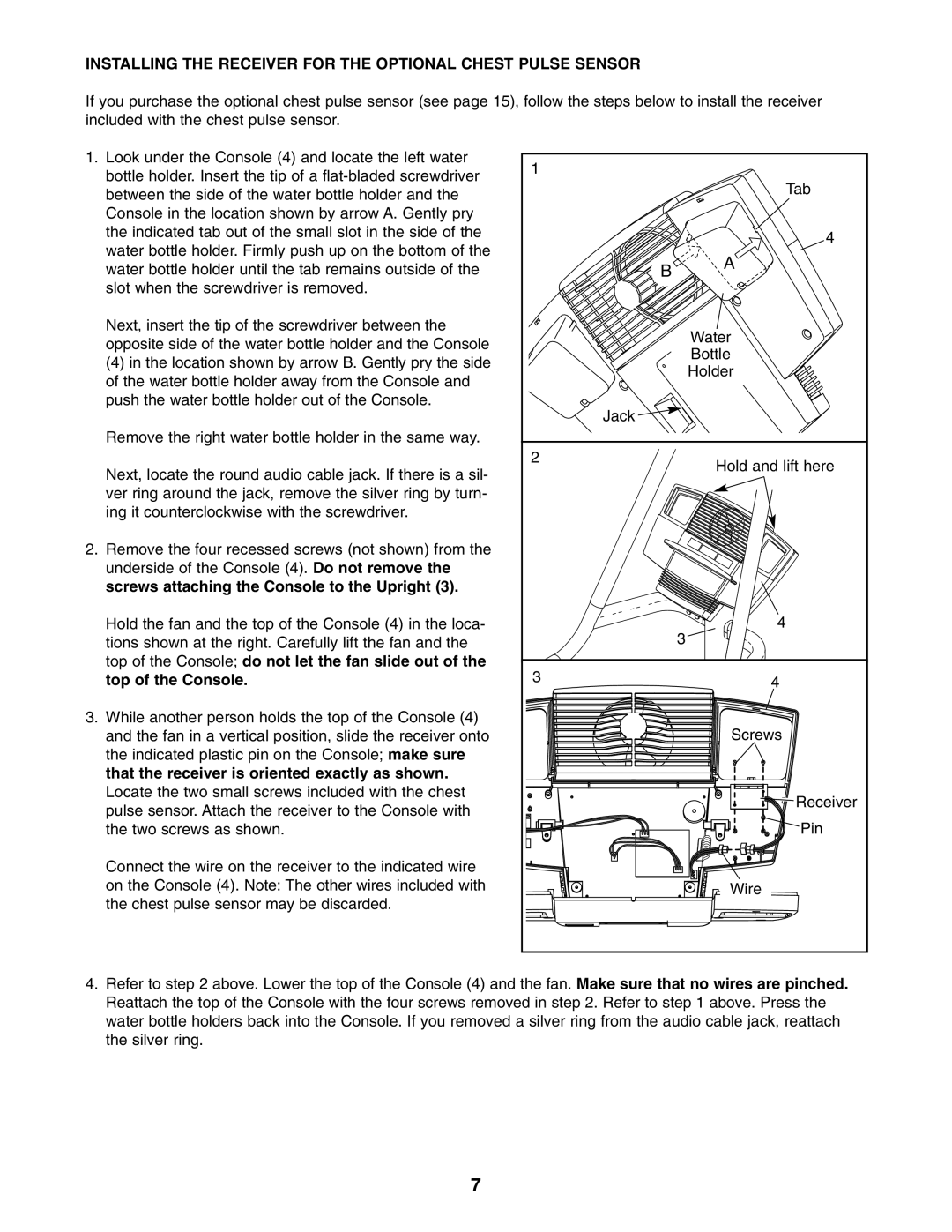 NordicTrack NTCCM58020 user manual Installing the Receiver for the Optional Chest Pulse Sensor 