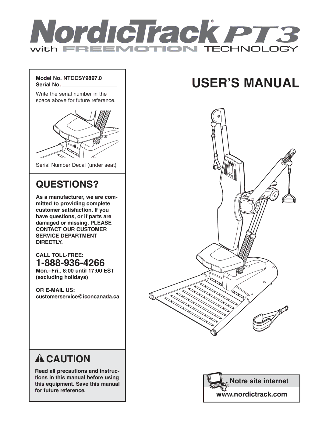 NordicTrack user manual Questions?, Model No. NTCCSY9897.0 Serial No, Call TOLL-FREE 