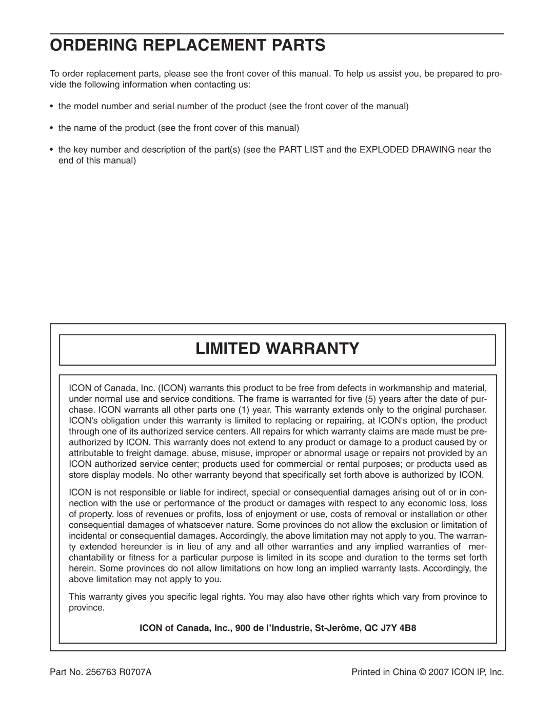 NordicTrack NTCCSY9897.0 user manual Ordering Replacement Parts, Limited Warranty 