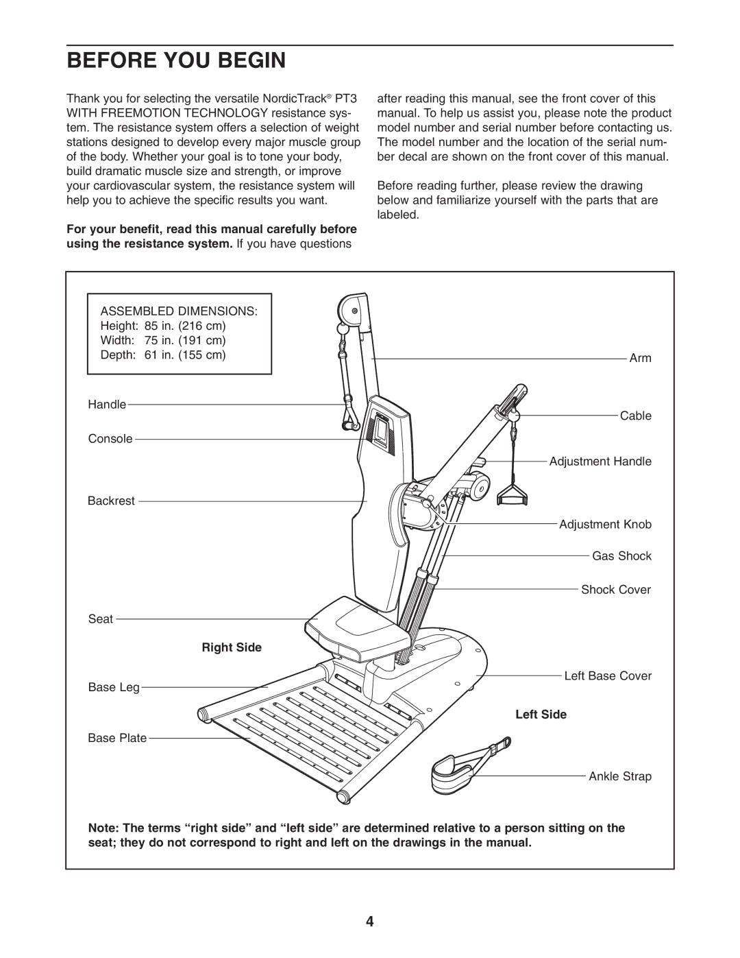 NordicTrack NTCCSY9897.0 user manual Before YOU Begin, Right Side, Left Side 