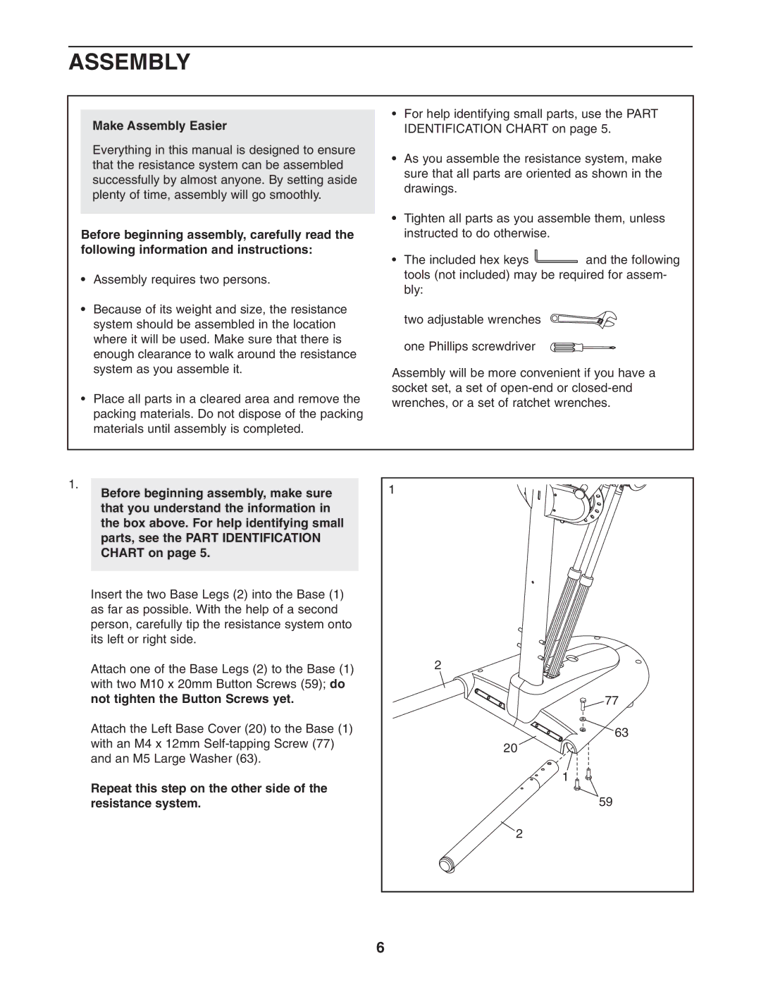 NordicTrack NTCCSY9897.0 Make Assembly Easier, Before beginning assembly, make sure, Not tighten the Button Screws yet 