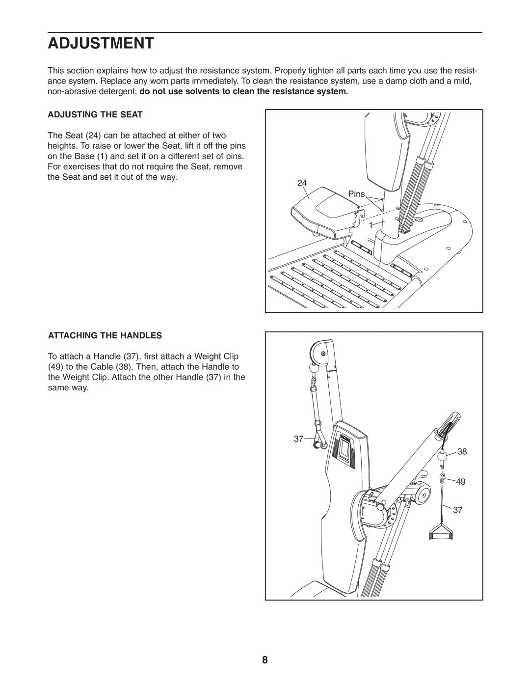 NordicTrack NTCCSY9897.0 user manual Adjustment, Adjusting the Seat, Attaching the Handles 