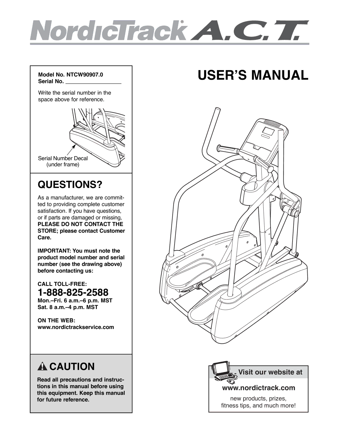 NordicTrack user manual Questions?, Model No. NTCW90907.0 Serial No, Call TOLL-FREE 