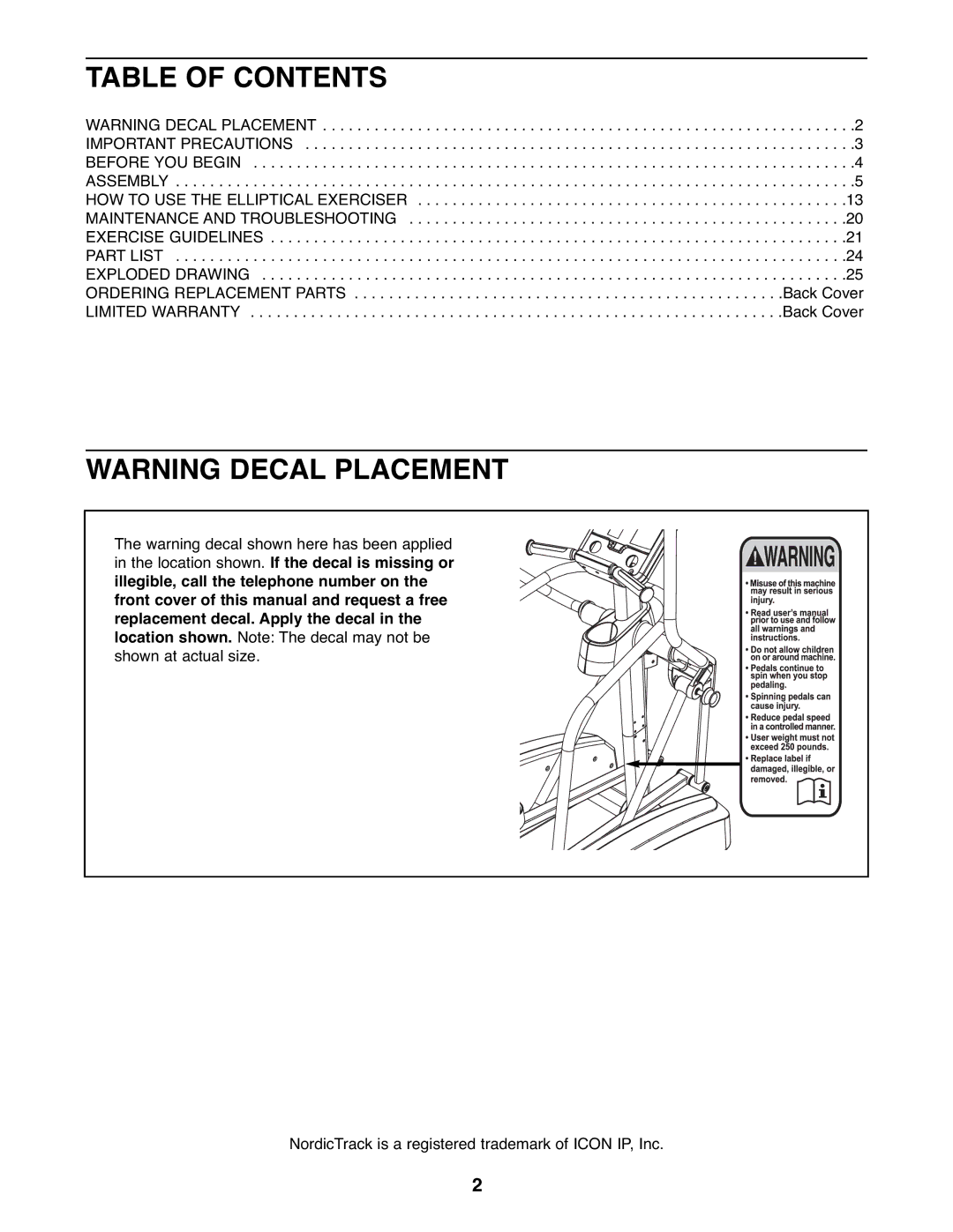 NordicTrack NTCW90907.0 user manual Table of Contents 