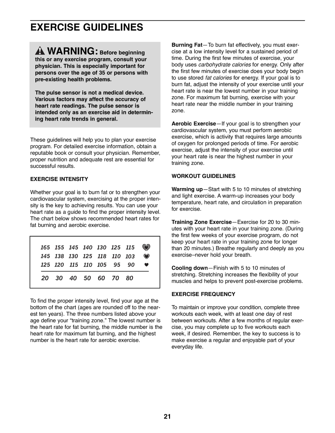 NordicTrack NTCW90907.0 user manual Exercise Guidelines, Exercise Intensity, Workout Guidelines, Exercise Frequency 