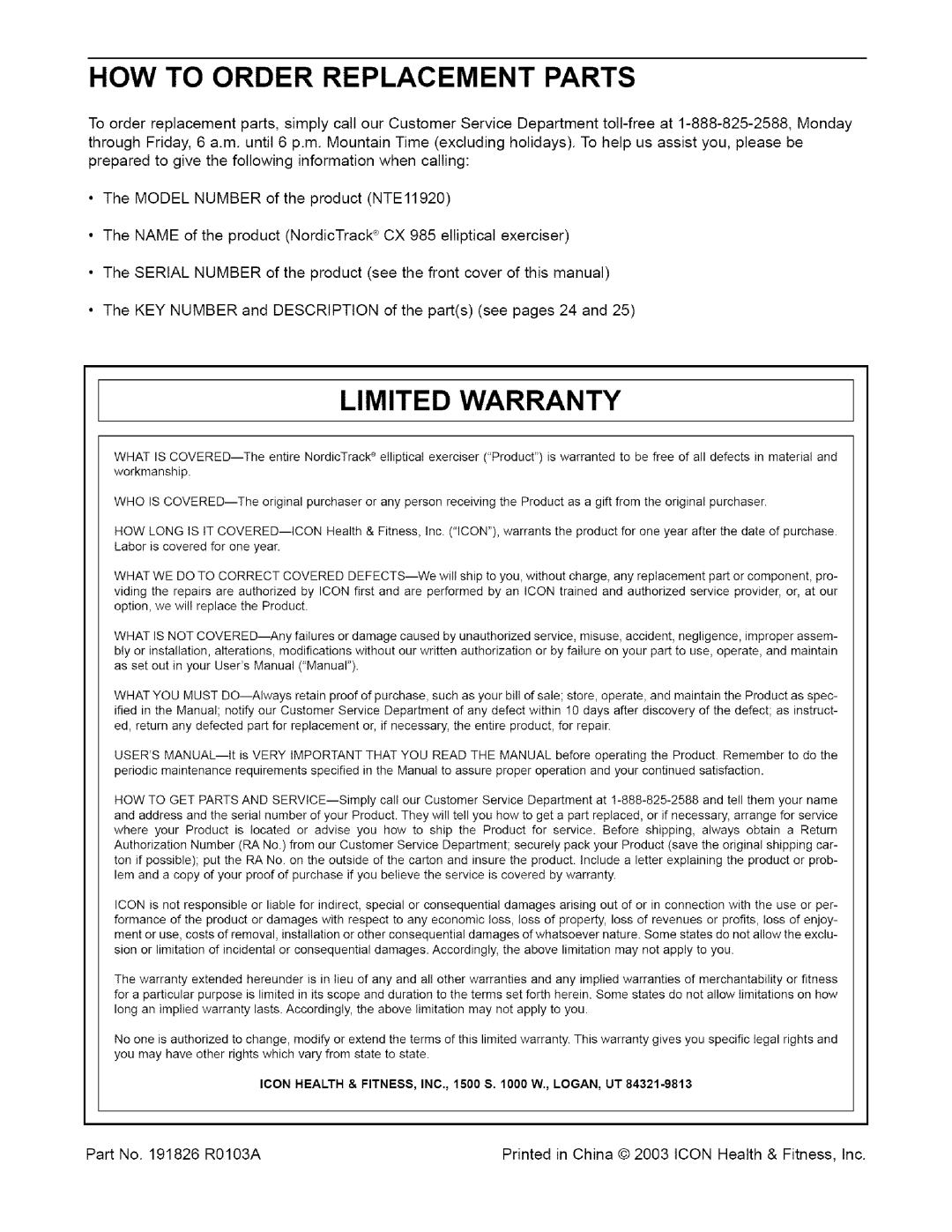 NordicTrack NTE11920 user manual HOW to Order Replacement Parts, LI Mited Warranty 