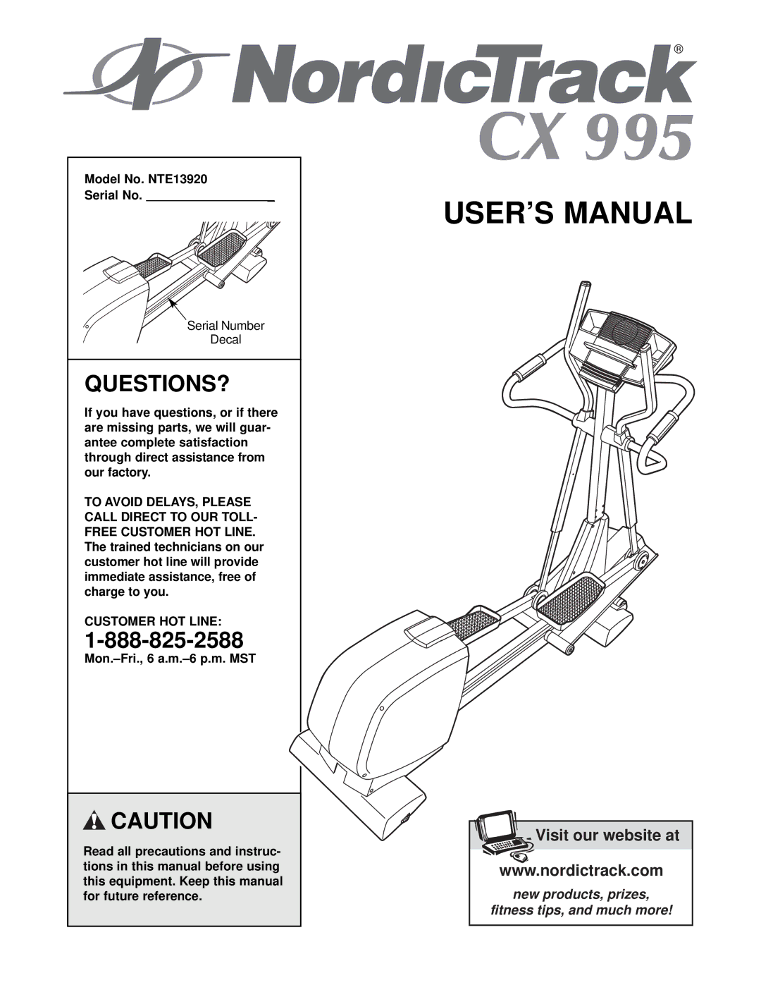 NordicTrack user manual Questions?, Model No. NTE13920 Serial No, Customer HOT Line 