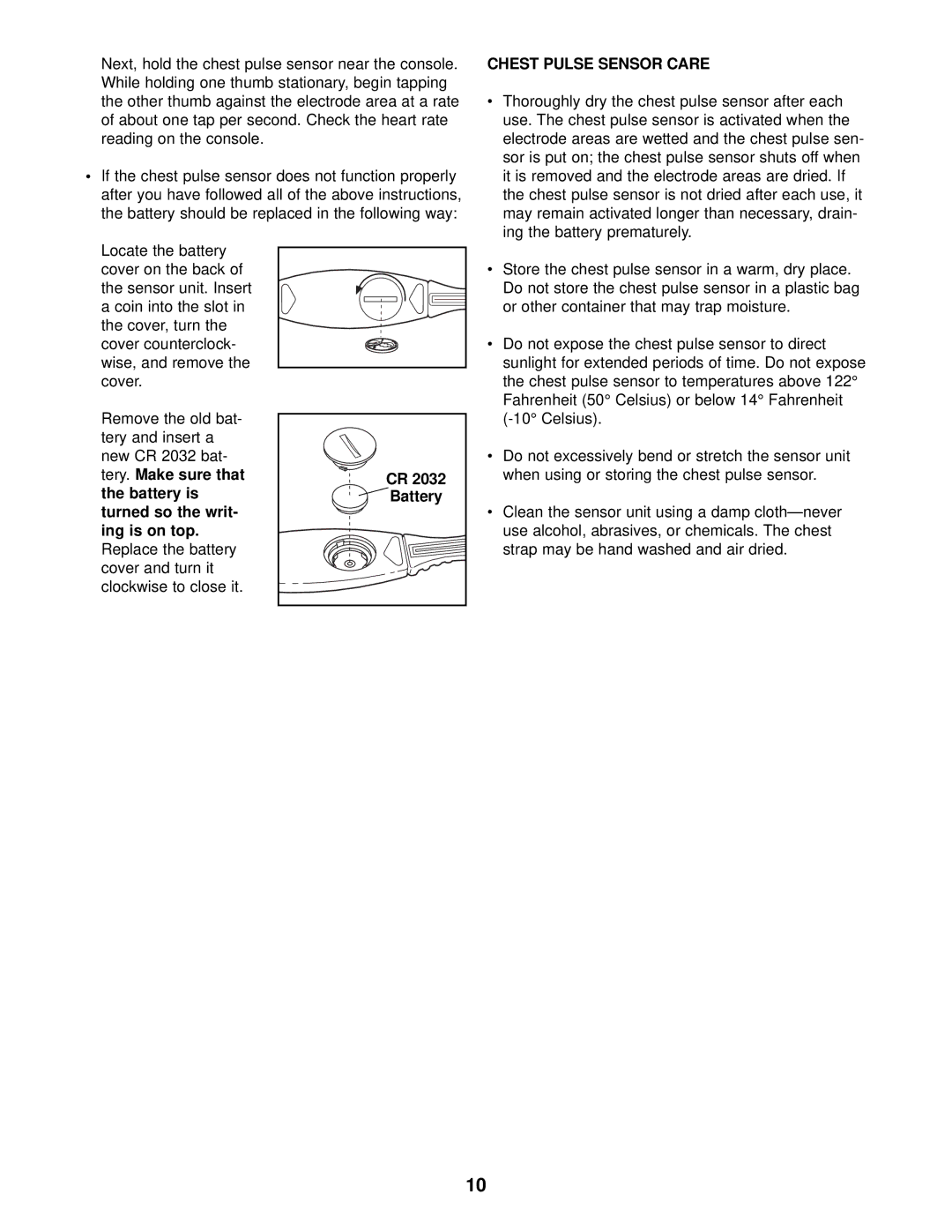 NordicTrack NTE13920 user manual Chest Pulse Sensor Care, CR 2032 Battery 