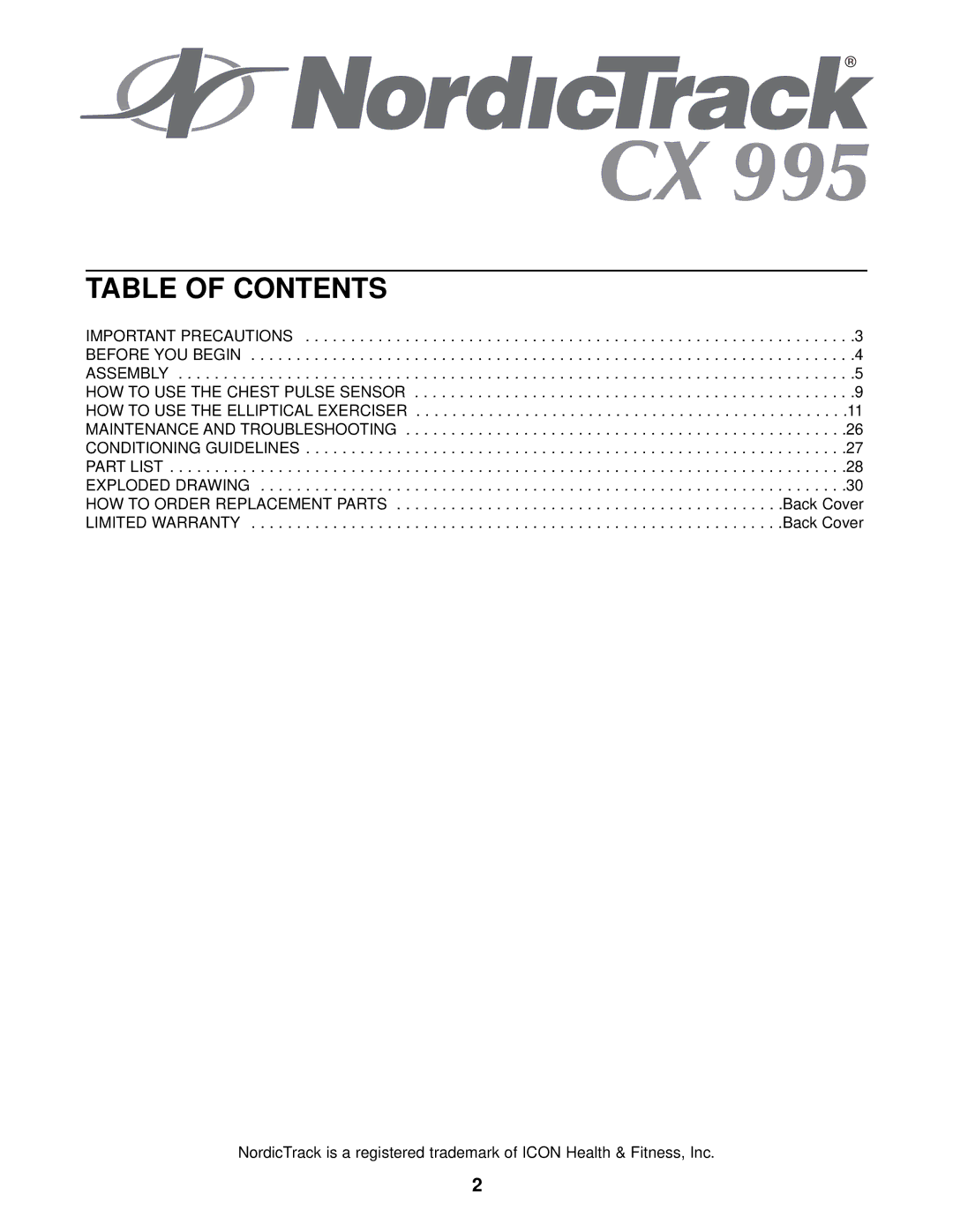 NordicTrack NTE13920 user manual Table of Contents 