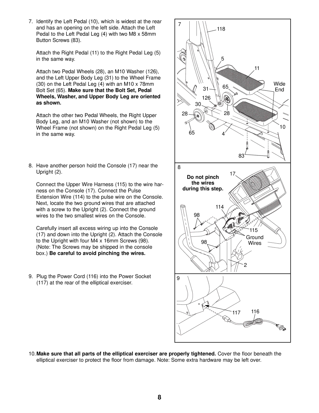 NordicTrack NTE13920 Bolt Set 65. Make sure that the Bolt Set, Pedal, Wheels, Washer, and Upper Body Leg are oriented 