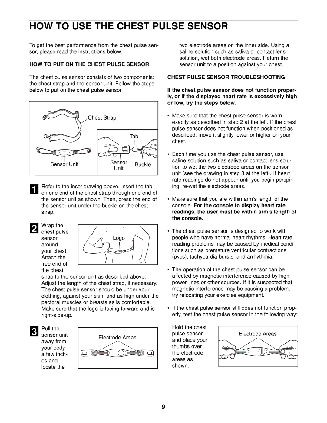 NordicTrack NTE13920 user manual HOW to USE the Chest Pulse Sensor, HOW to PUT on the Chest Pulse Sensor 