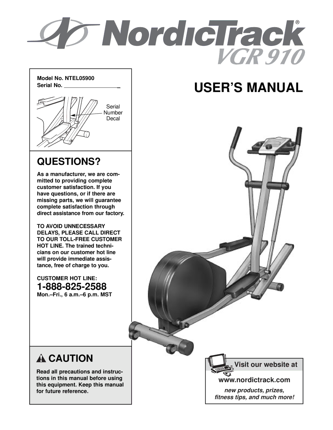 NordicTrack user manual Questions?, Model No. NTEL05900 Serial No Number Decal, Customer HOT Line 