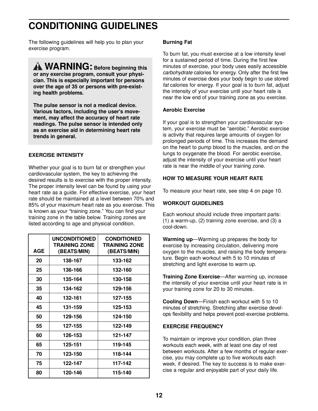 NordicTrack NTEL05900 user manual Conditioning Guidelines 