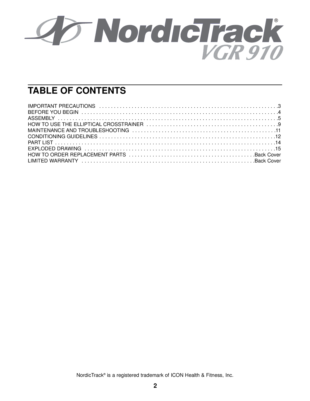 NordicTrack NTEL05900 user manual Table of Contents 