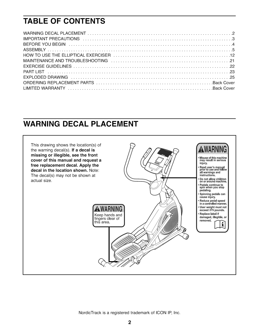 NordicTrack NTEL07808.0 user manual Table of Contents 