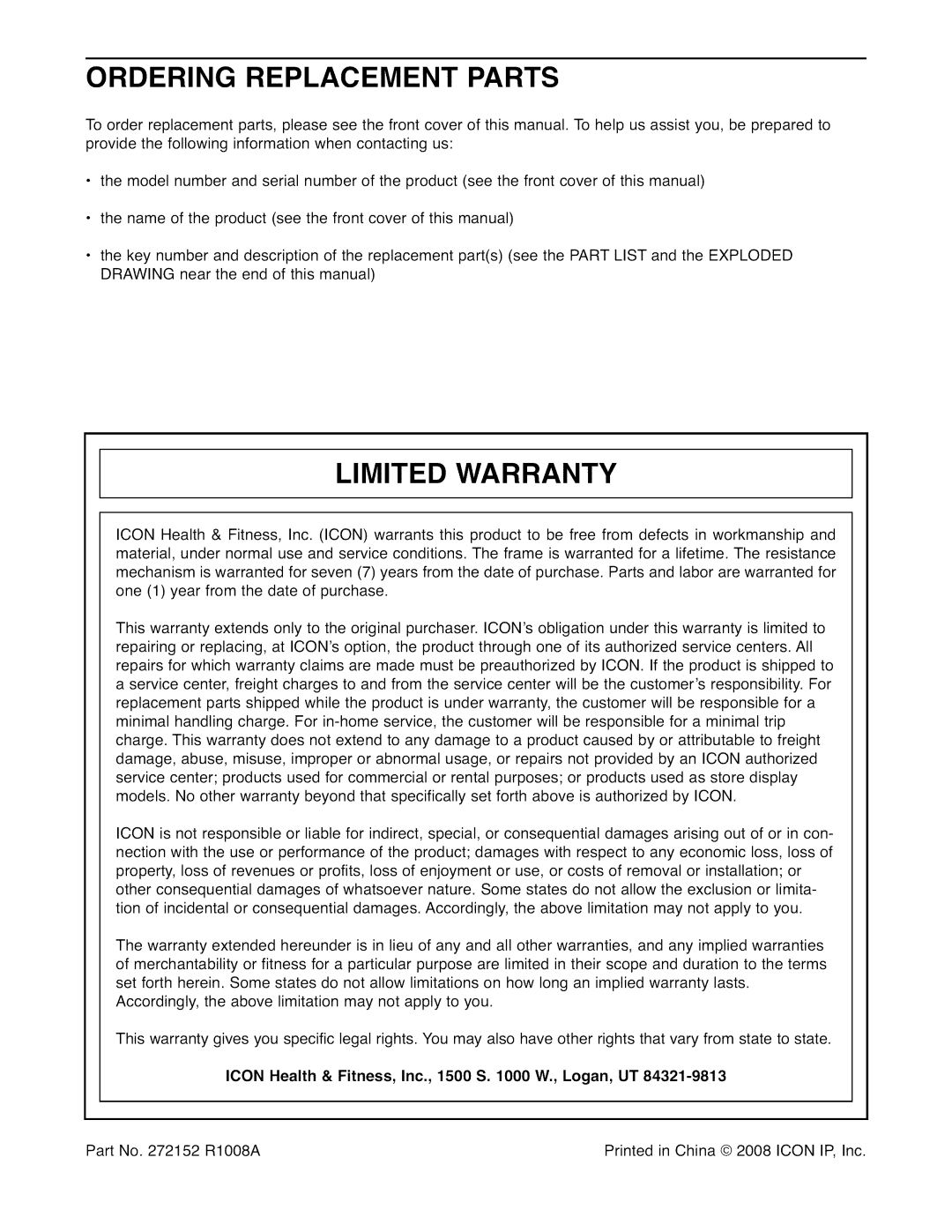 NordicTrack NTEL07808.0 Ordering Replacement Parts, Limited Warranty, Icon Health & Fitness, Inc., 1500 S W., Logan, UT 