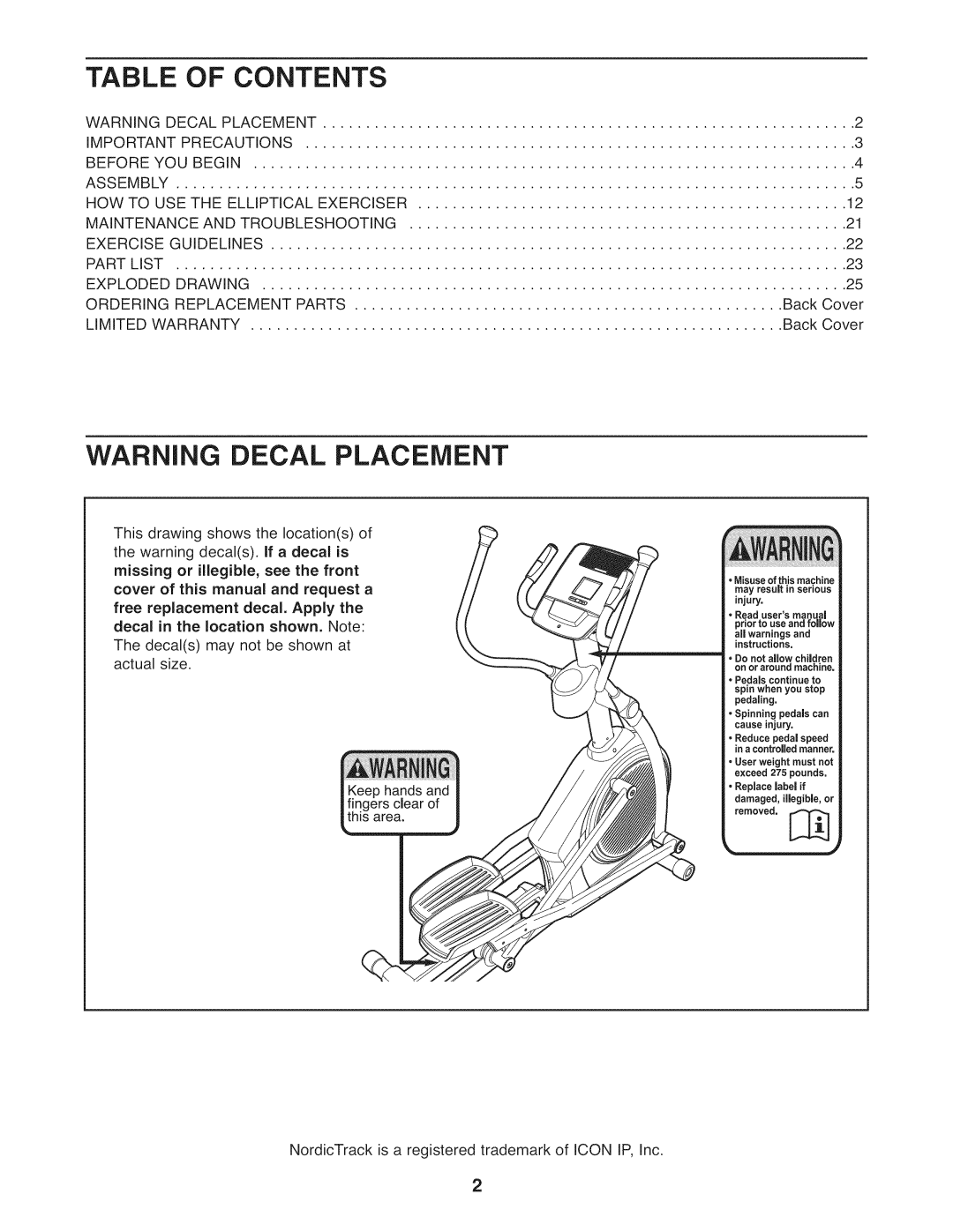 NordicTrack NTEL07808.1 manual Contents 