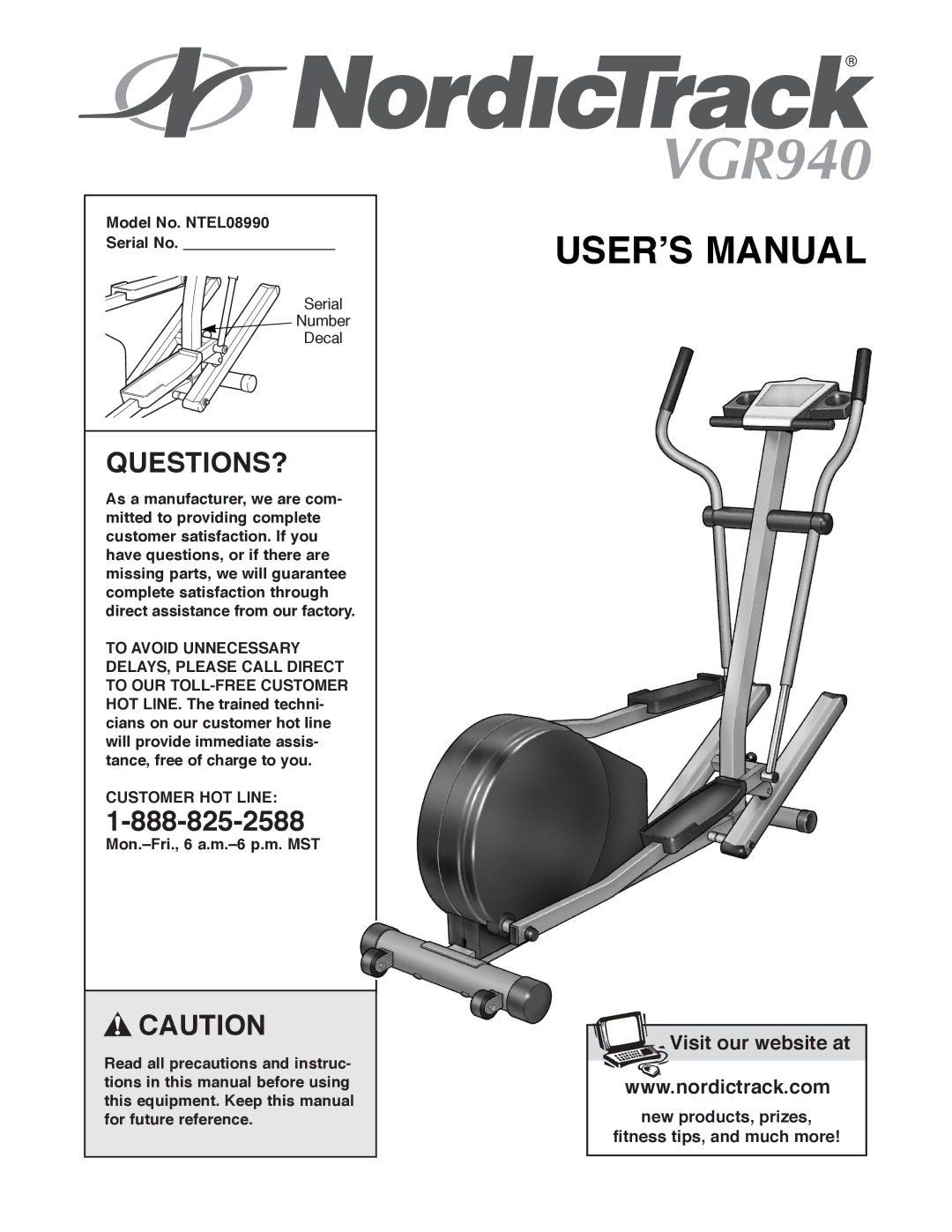 NordicTrack manual Questions?, Model No. NTEL08990 Serial No, Customer HOT Line 