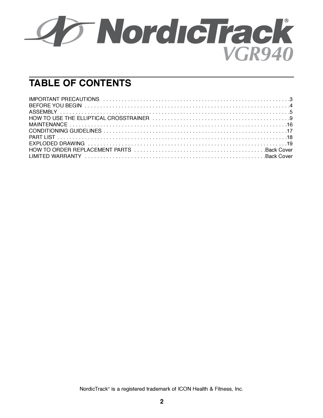 NordicTrack NTEL08990 manual Table of Contents 