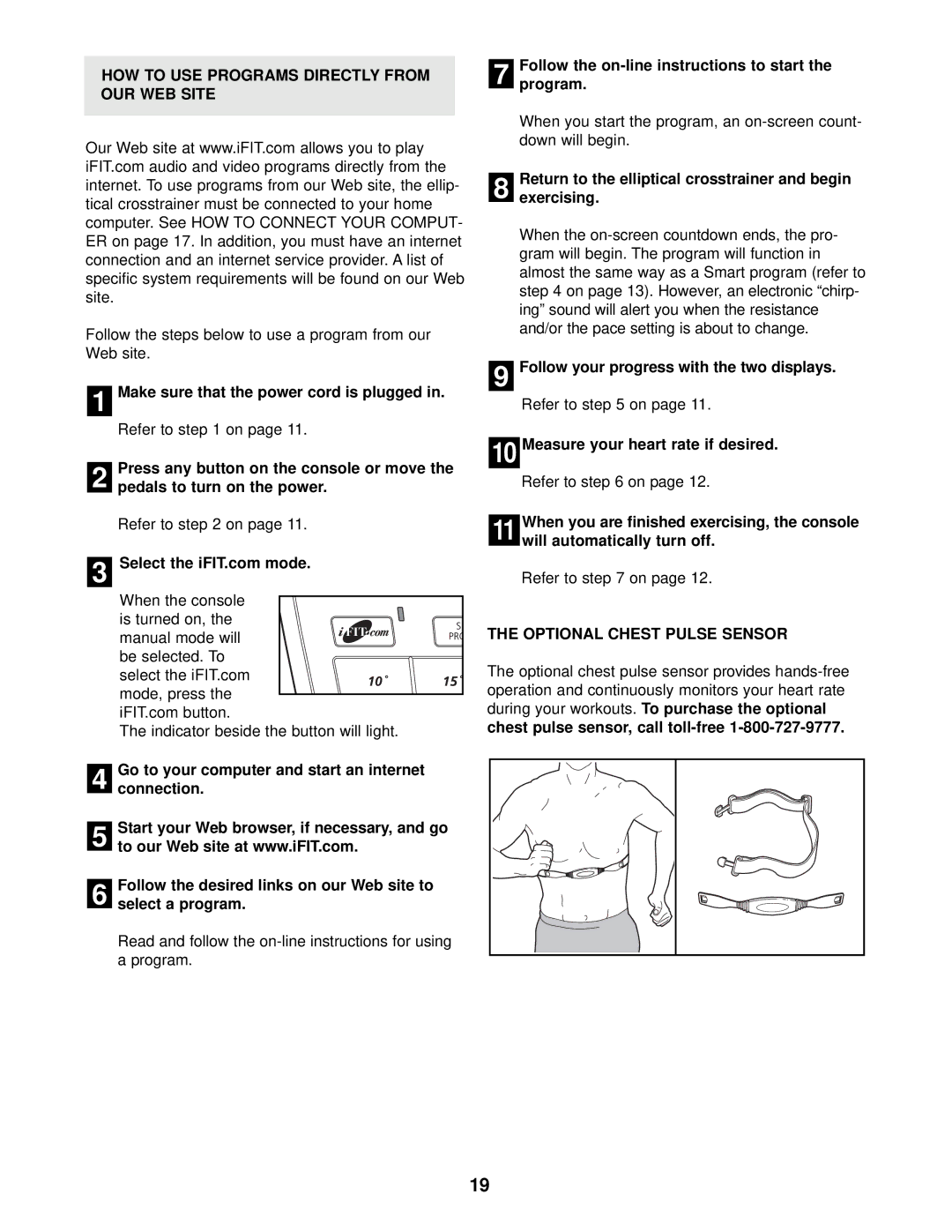 NordicTrack NTEL12910 user manual HOW to USE Programs Directly from OUR WEB Site, Optional Chest Pulse Sensor 