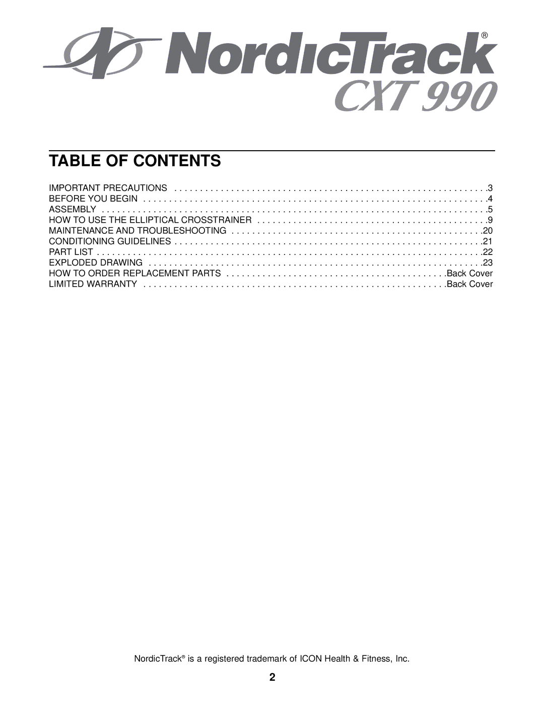 NordicTrack NTEL12910 user manual Table of Contents 